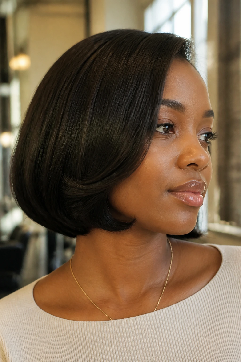 Close-up of a real Black woman with curved-under bob framing the neck