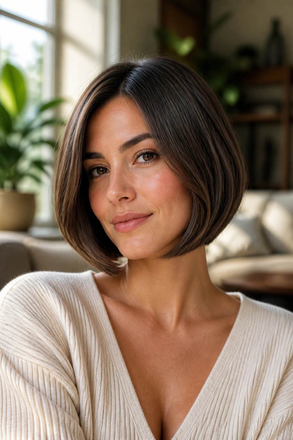 Close-up of real woman with curved-under bob in a cozy living room