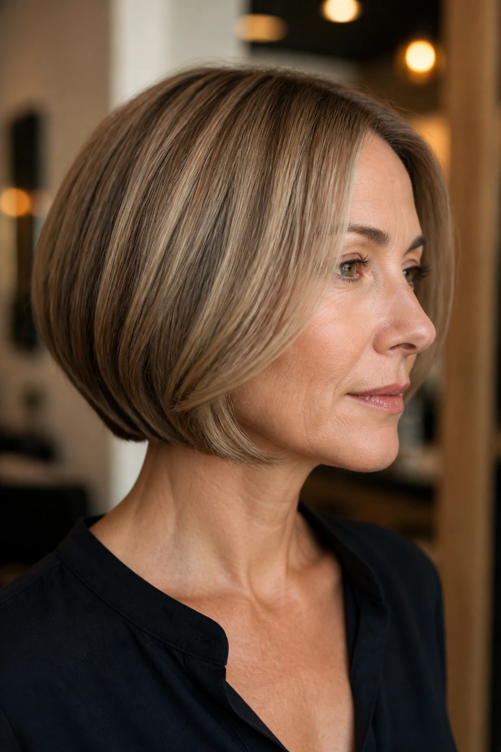 Close-up portrait of a real woman with curved under bob