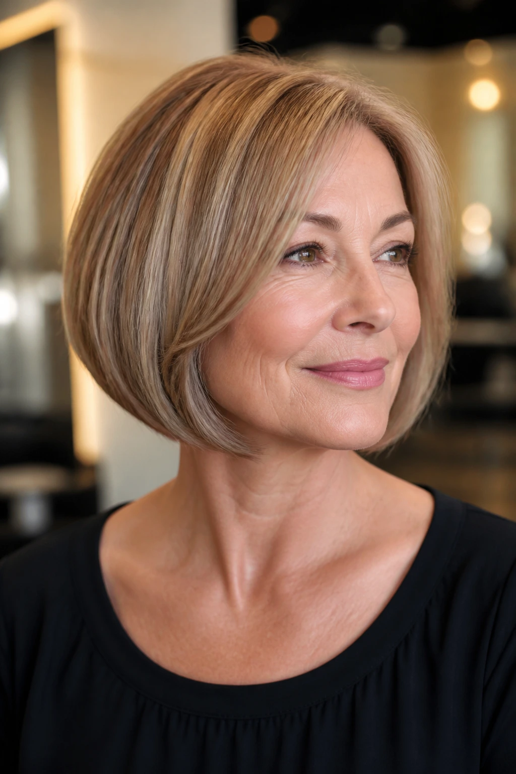 Portrait of a real woman with curved-under bob in a polished salon setting