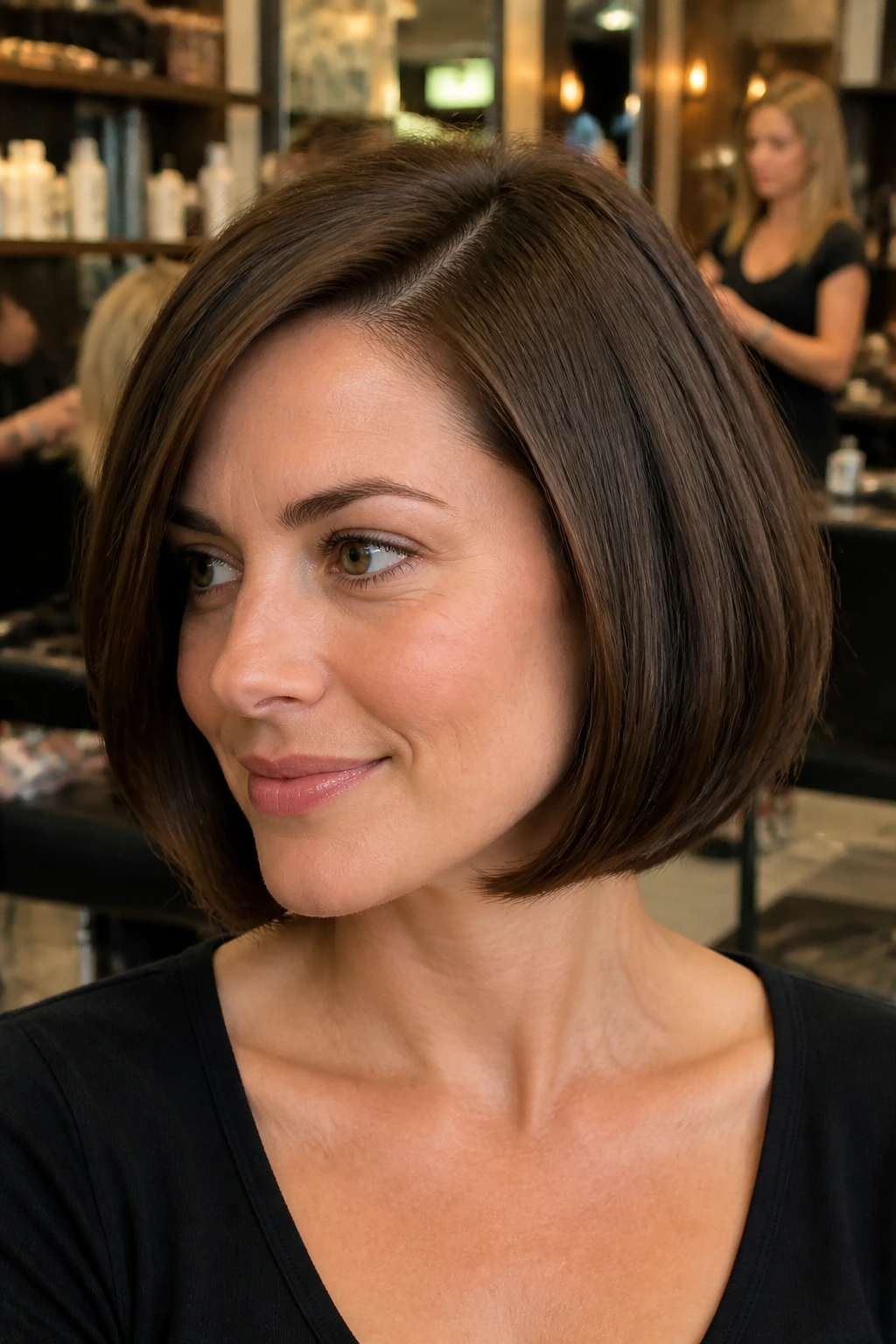 Curved-under bob close-up with inward-curving ends on a real woman