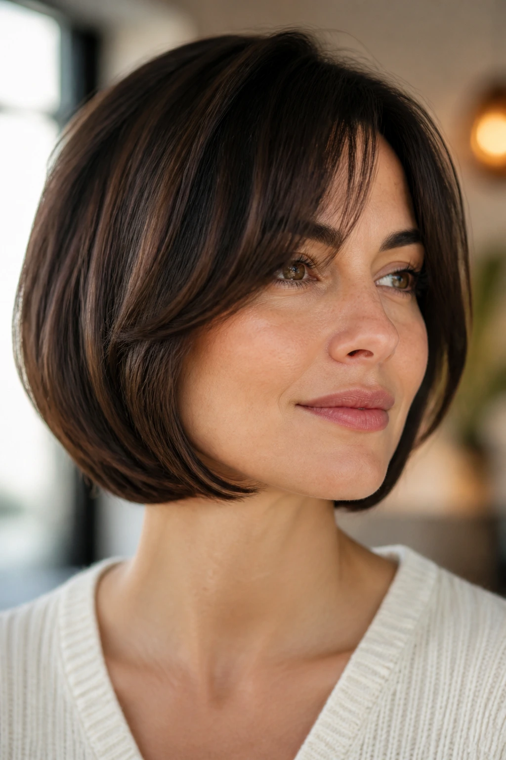 Portrait of a person with curved-under bob and soft swept bangs in a warm interior
