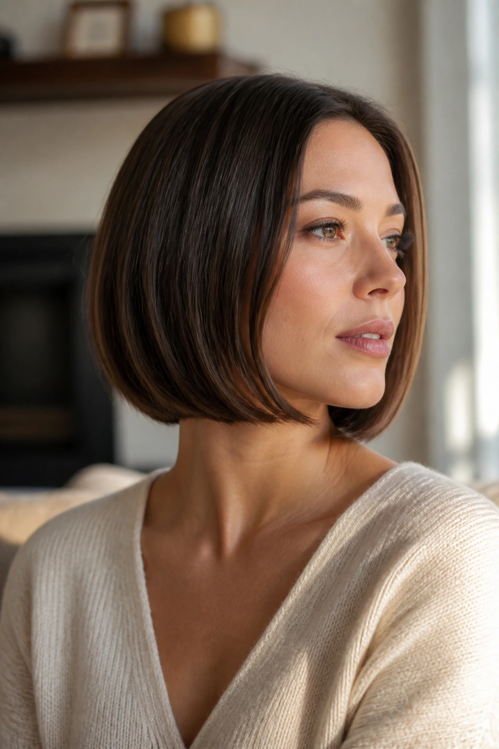 Close-up of a real woman with a curved-under bob on straight hair by window light
