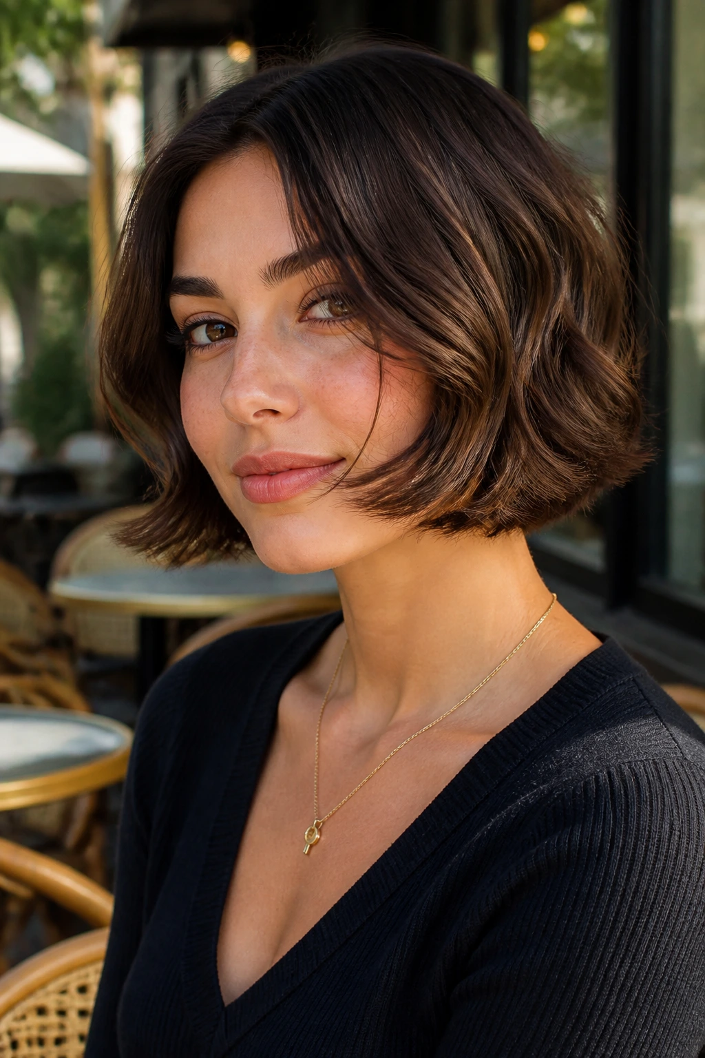 Close-up of a real woman with curved-under bob and loose bend.