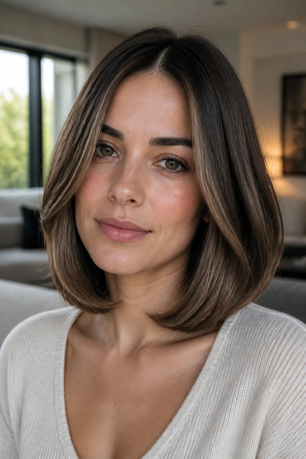 Portrait of a real woman with curved-under lob and soft bend at ends