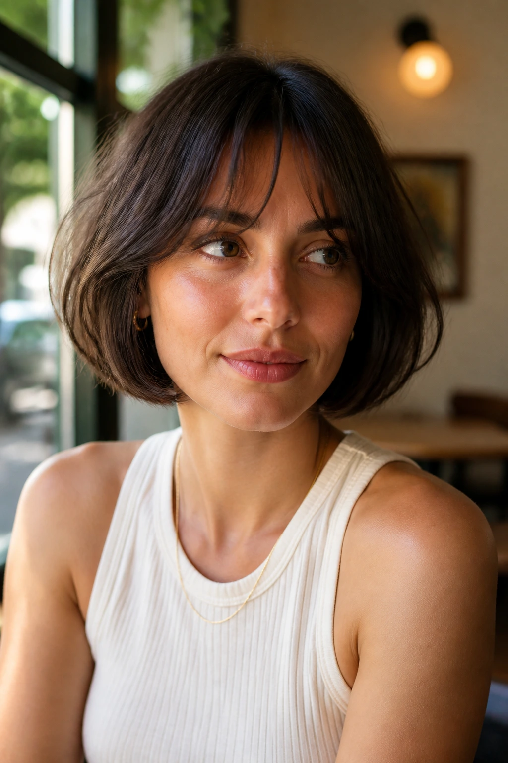 Close-up of a real person with curved-under shag bob in warm cafe lighting.