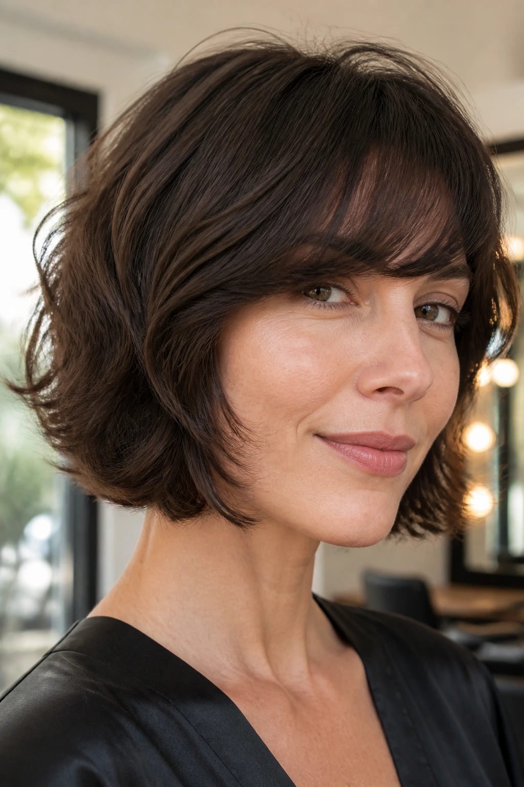 Close-up portrait of a real woman with curved-under shag bob and swoopy bangs in a salon.