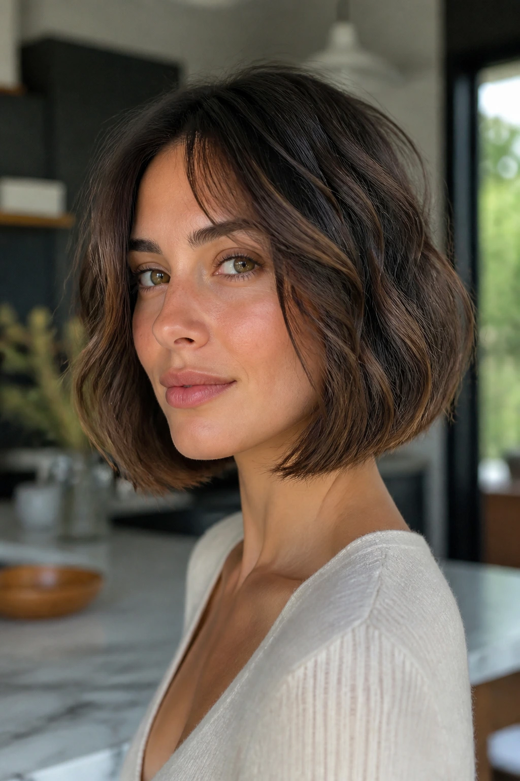 Close-up of curved-under Italian bob with loose texture on a real person in a modern home setting