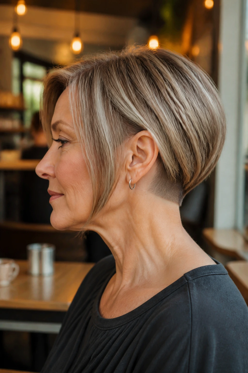 Profile view of a real woman with curved undercut bob