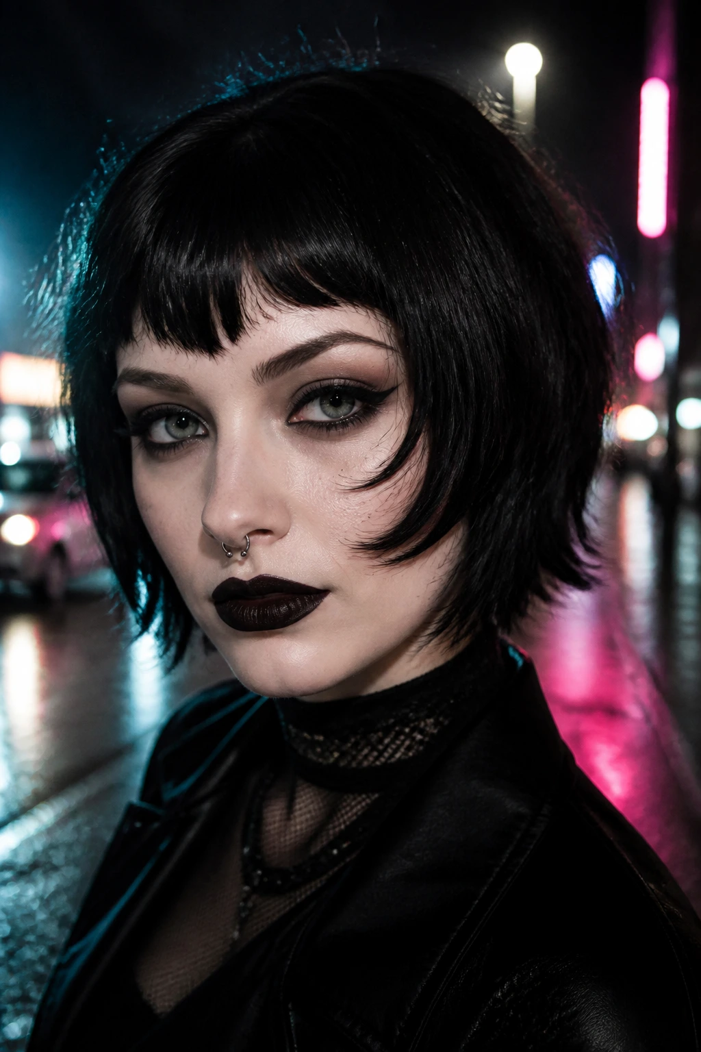 Close-up of a real person with curved vampire fringe framing the face