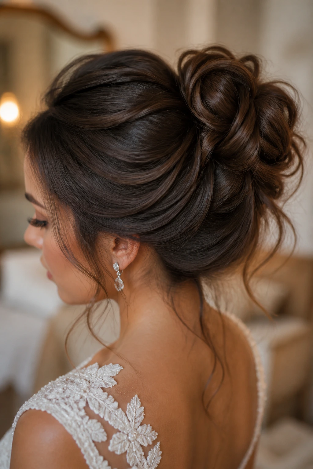 Bride with a full cushioned bun for thick hair showing volume.