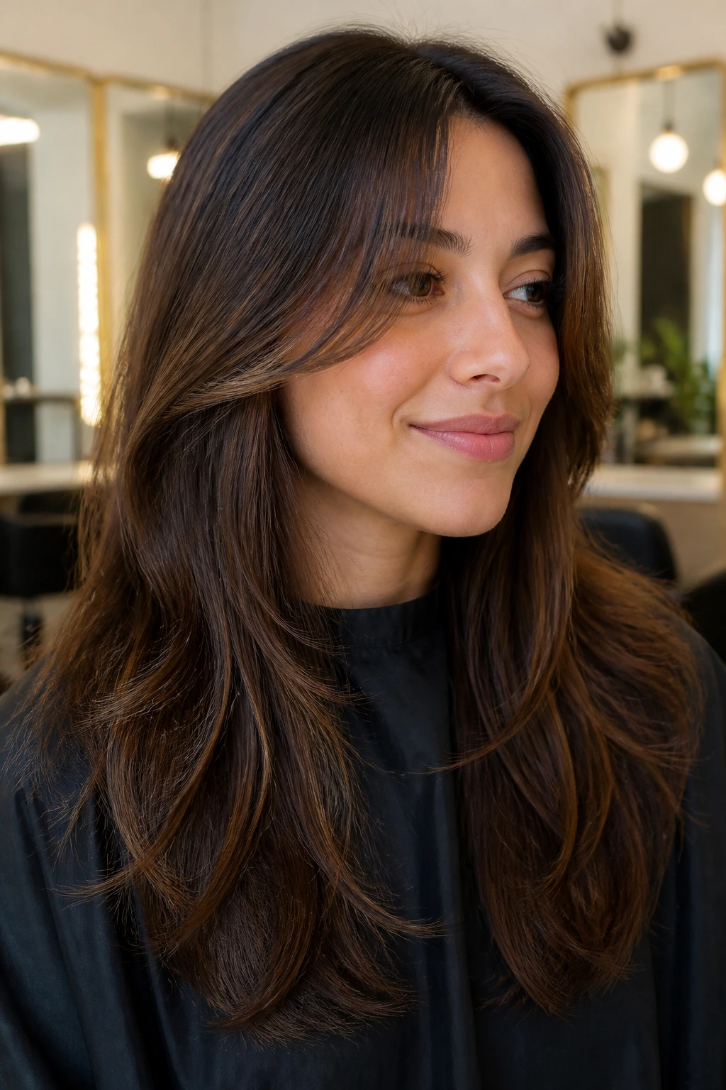 Close-up of a real woman with a custom consultation face-framing cut.
