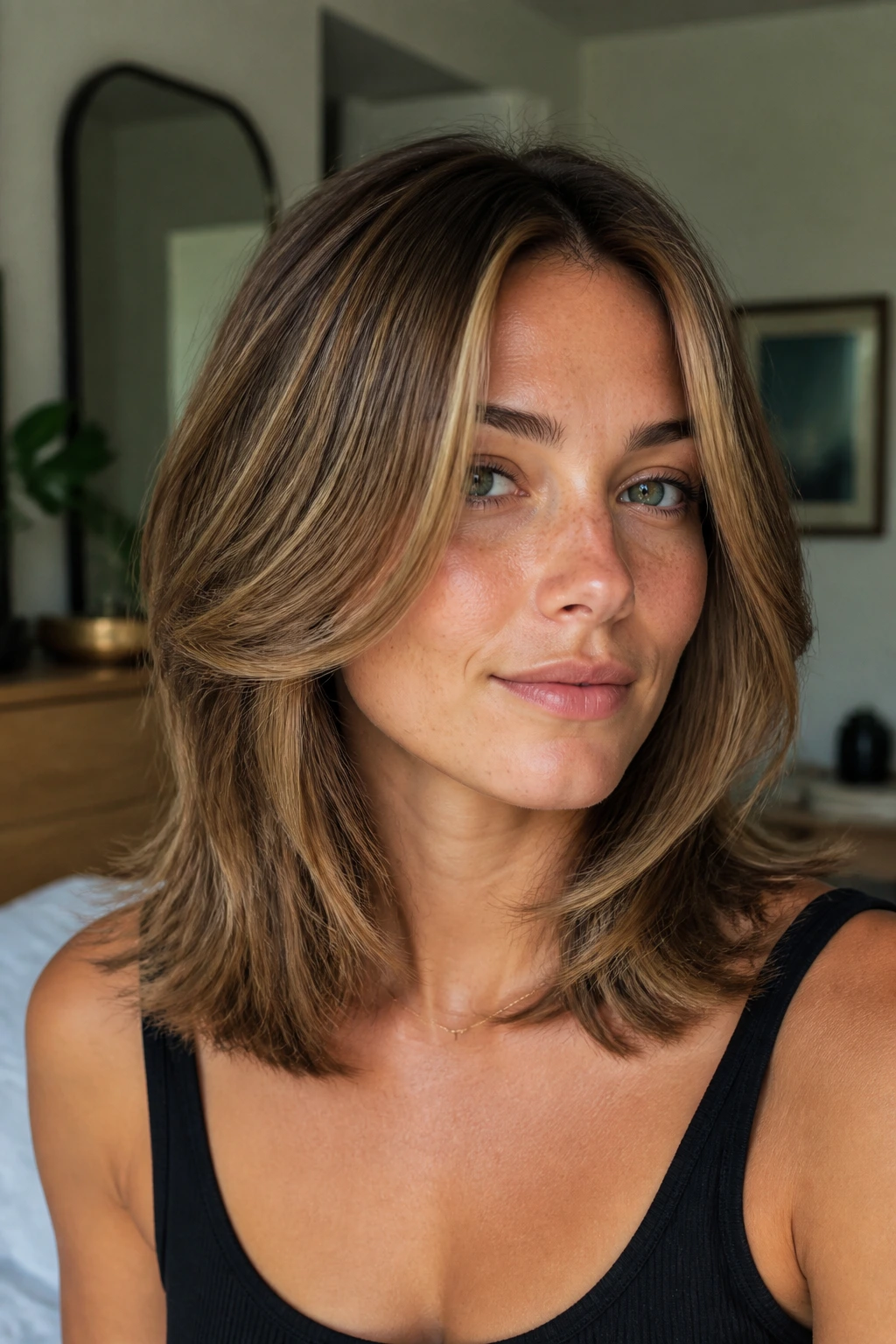 Real person with a custom salon blend of face-framing layers