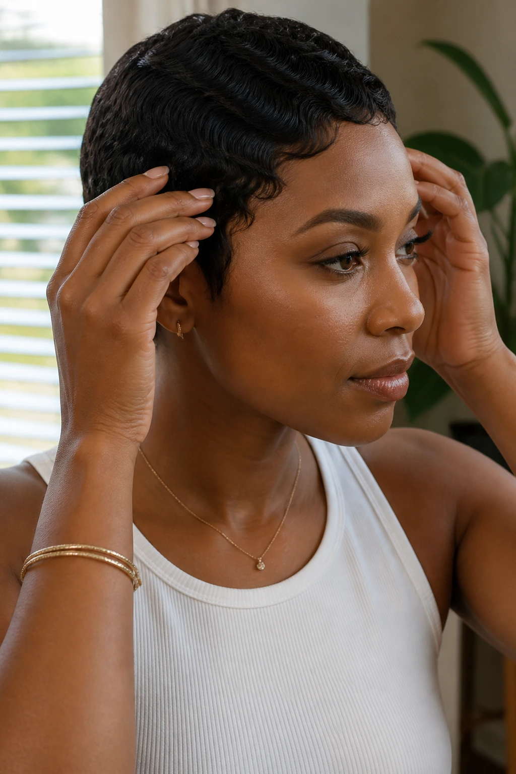 Close-up of a woman adjusting a short haircut with a gentle touch at the temples
