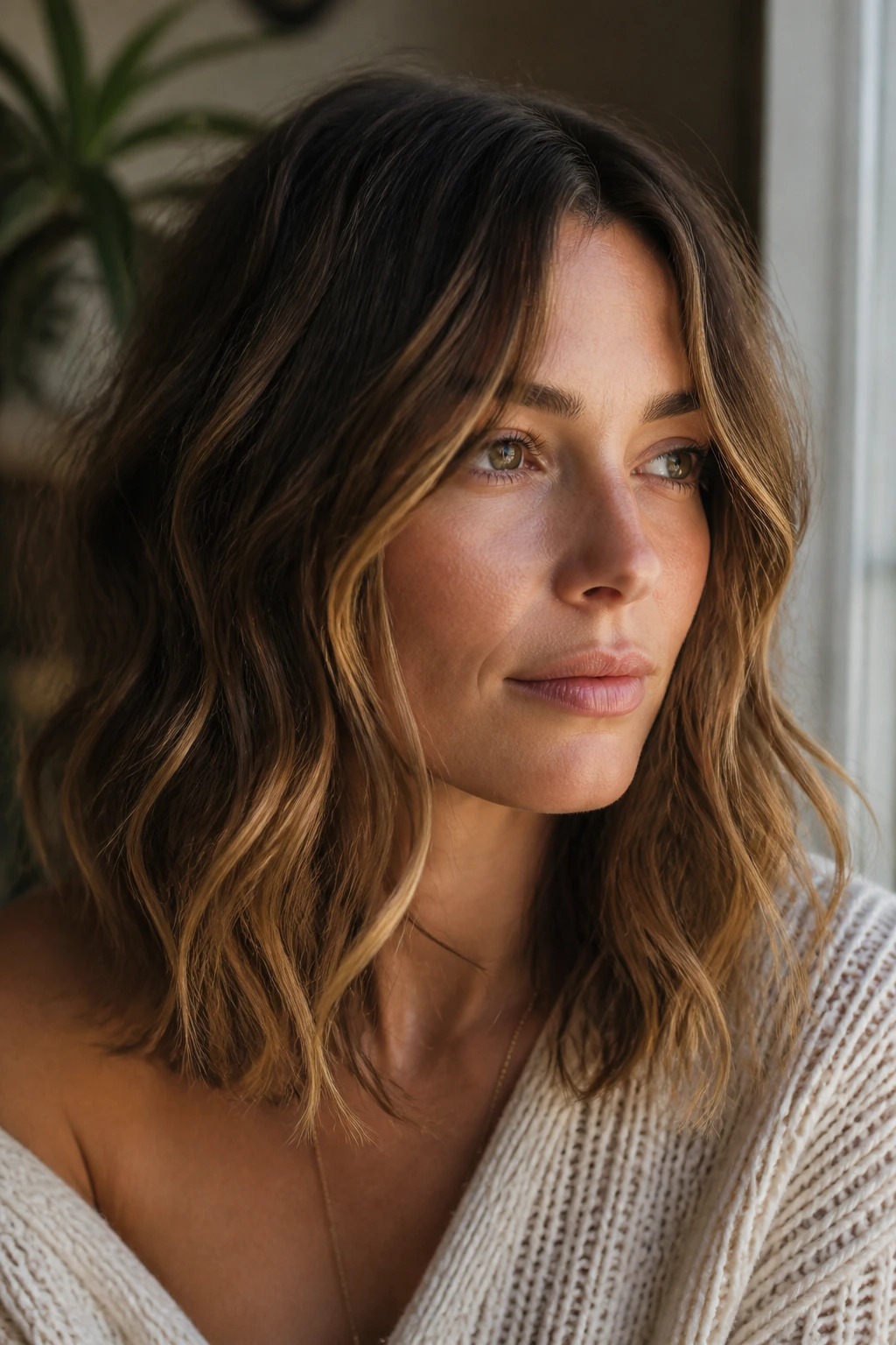 Person with layered lob and natural waves in warm indoor light