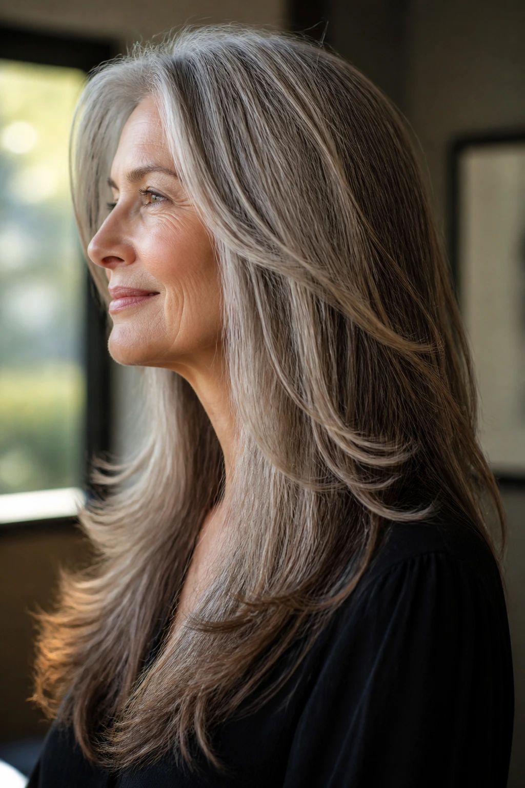 Real woman with long layered hair in side profile highlighting cut line and ends