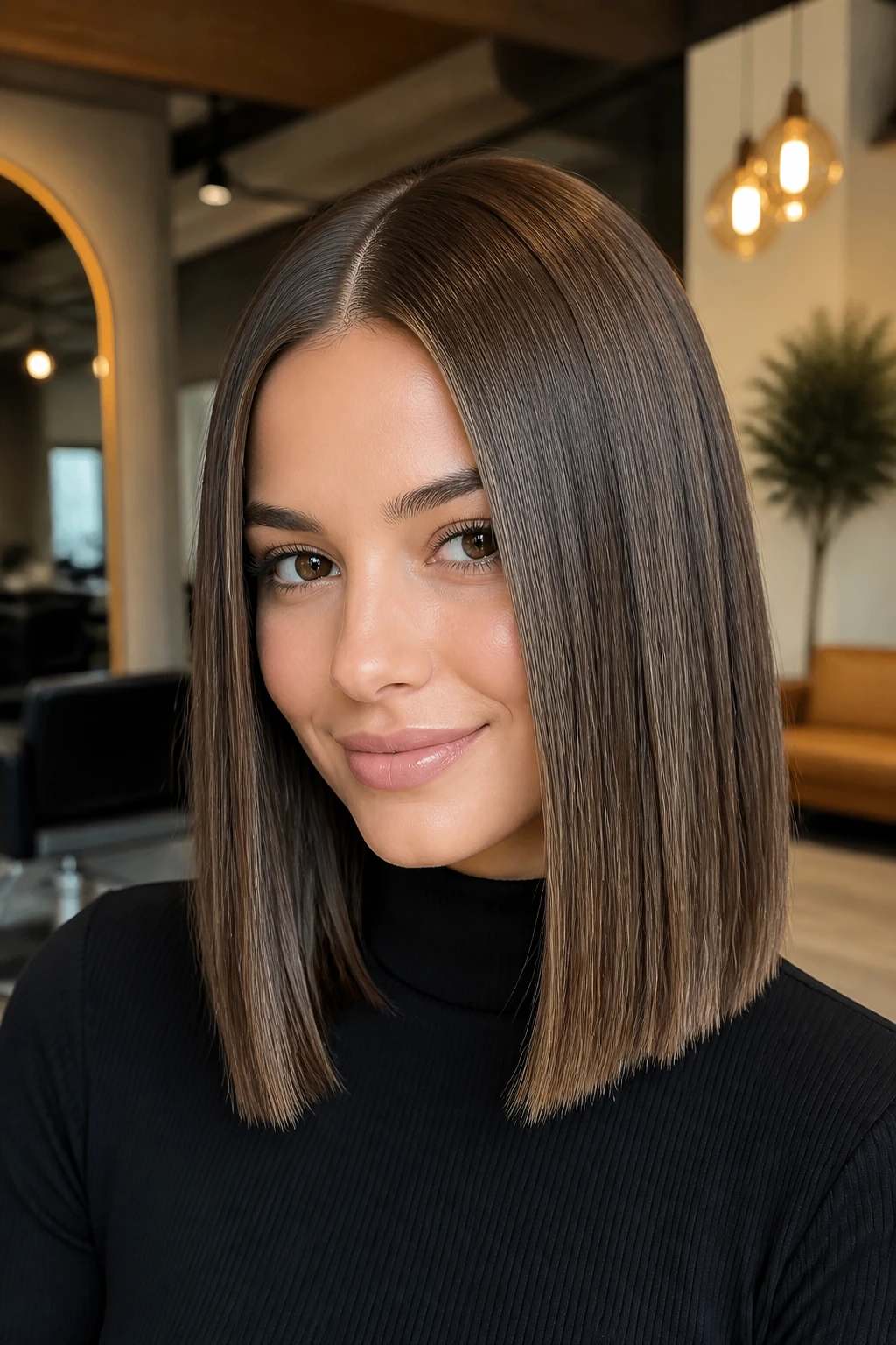 Portrait of a person with a neat middle part and straight haircut in a softly lit salon