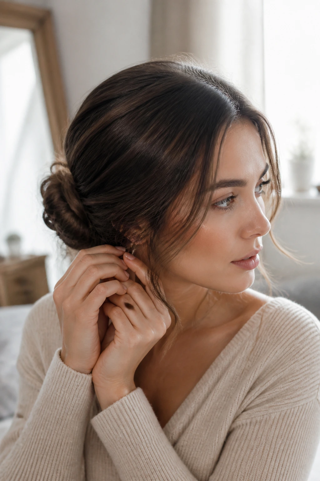 Close-up of a real woman with a neat low bun, morning light streaming through a window.