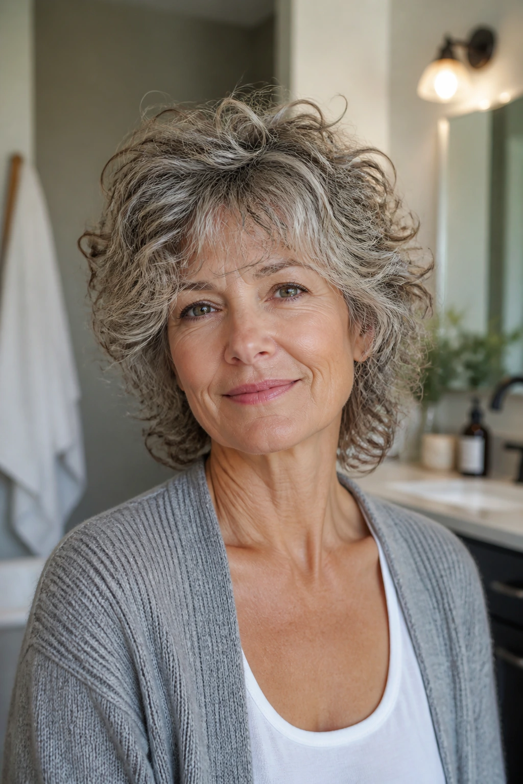 Real woman with curly shag hairstyle in a home setting