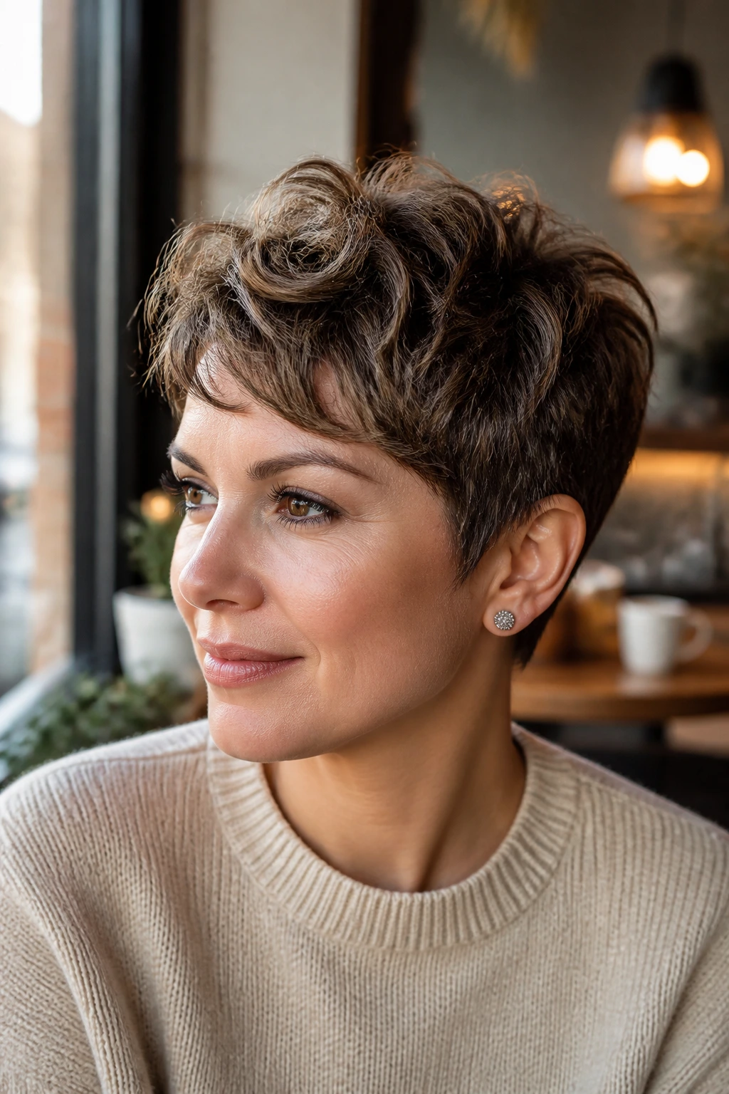 Portrait of a real person with a lifted crown pixie for daily wear