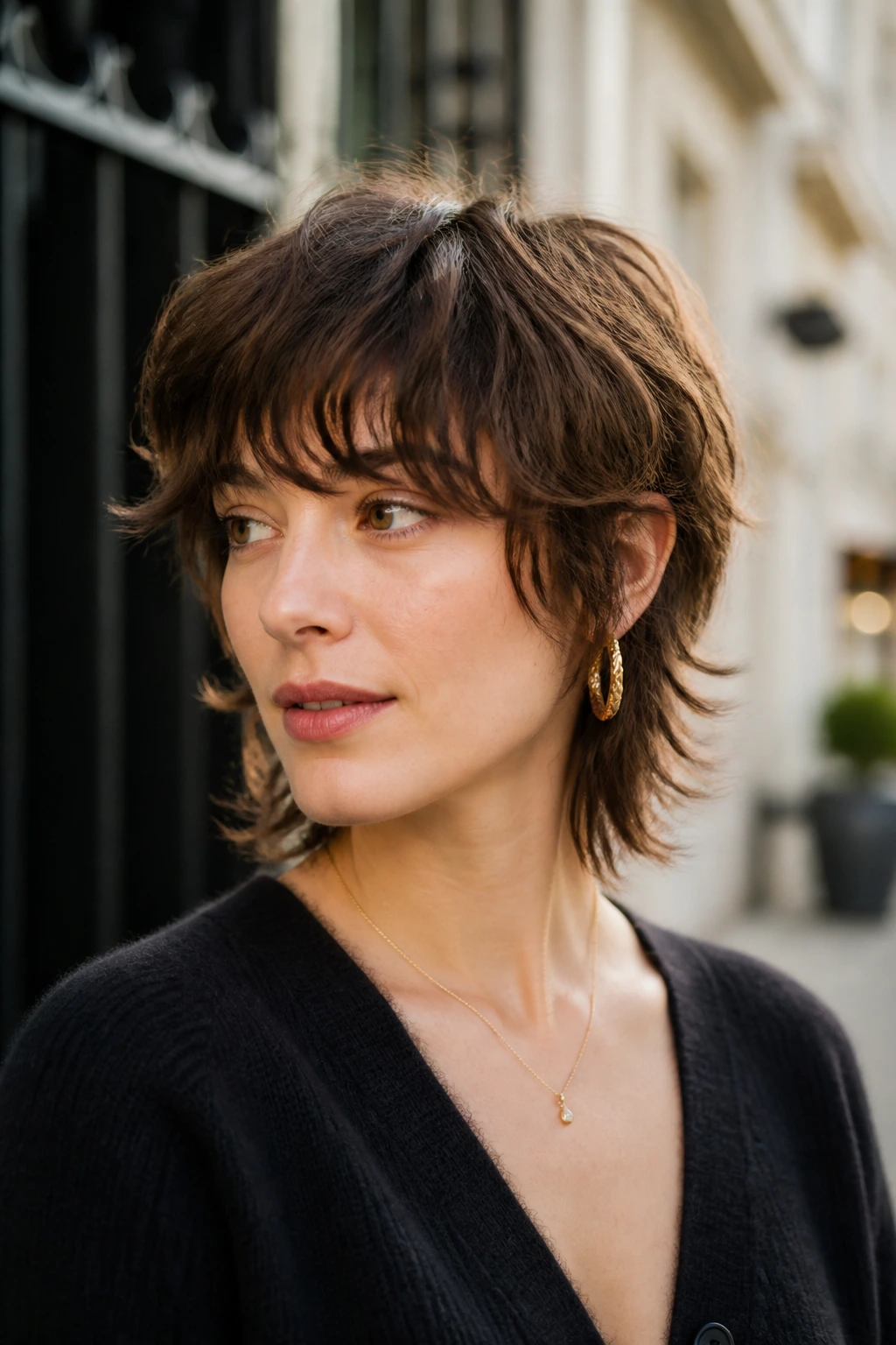 Portrait of a woman with a short shag wearing a casual everyday look.
