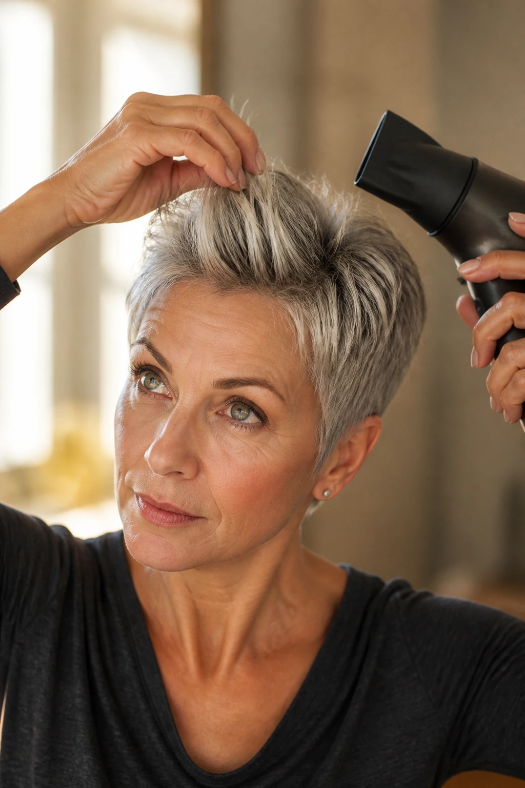 Portrait showing daily styling moves to keep the crown lifted on a pixie cut.