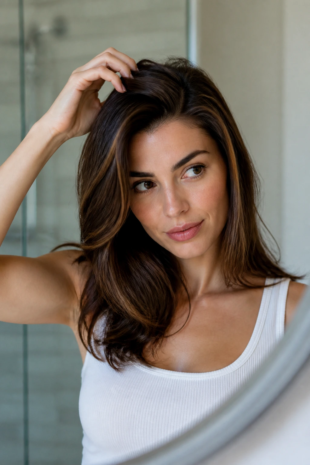 Close-up of woman adjusting crown volume in bathroom