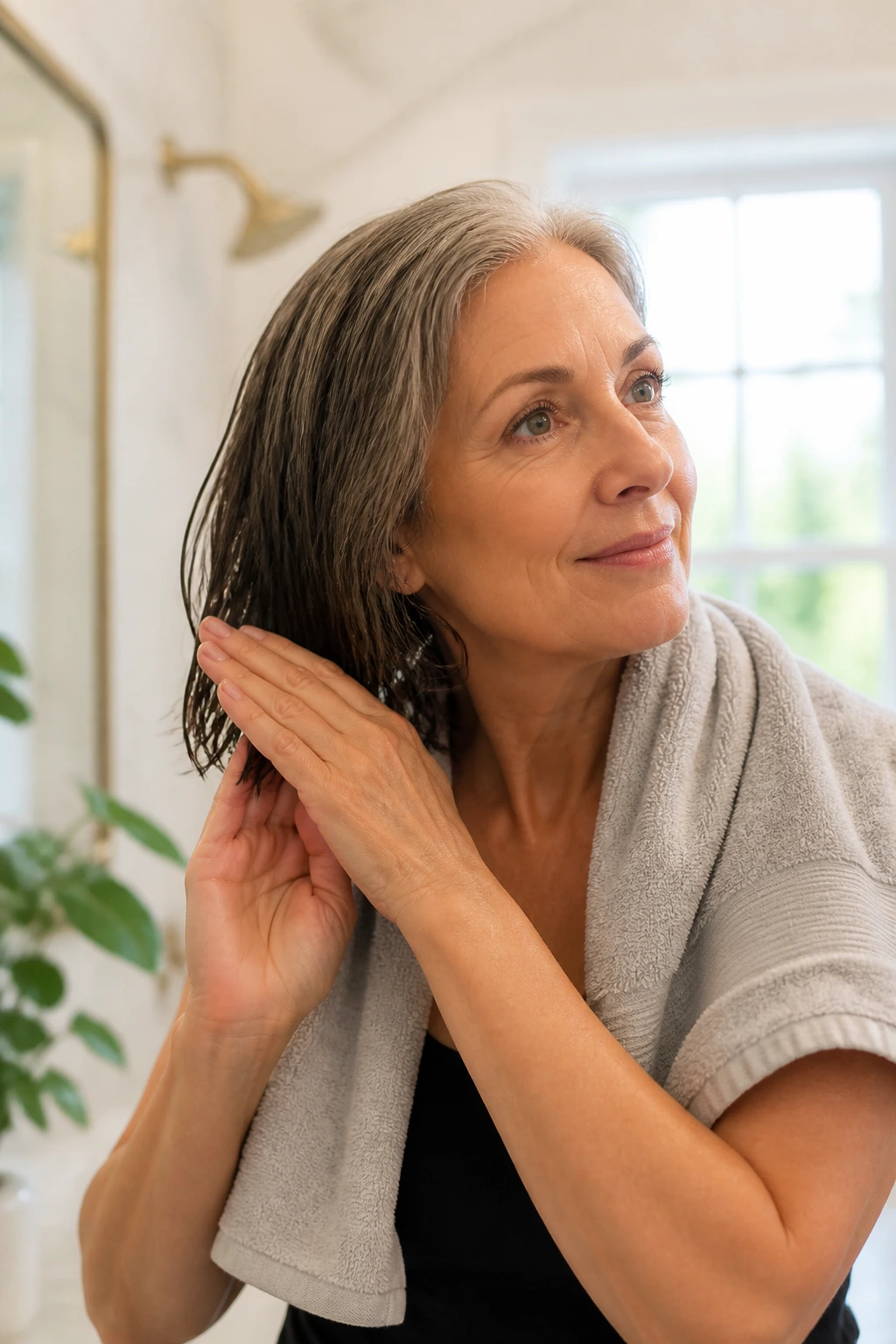Medium close-up of an older woman with thick bob in a bright bathroom, towel on shoulders, smoothing hair ends