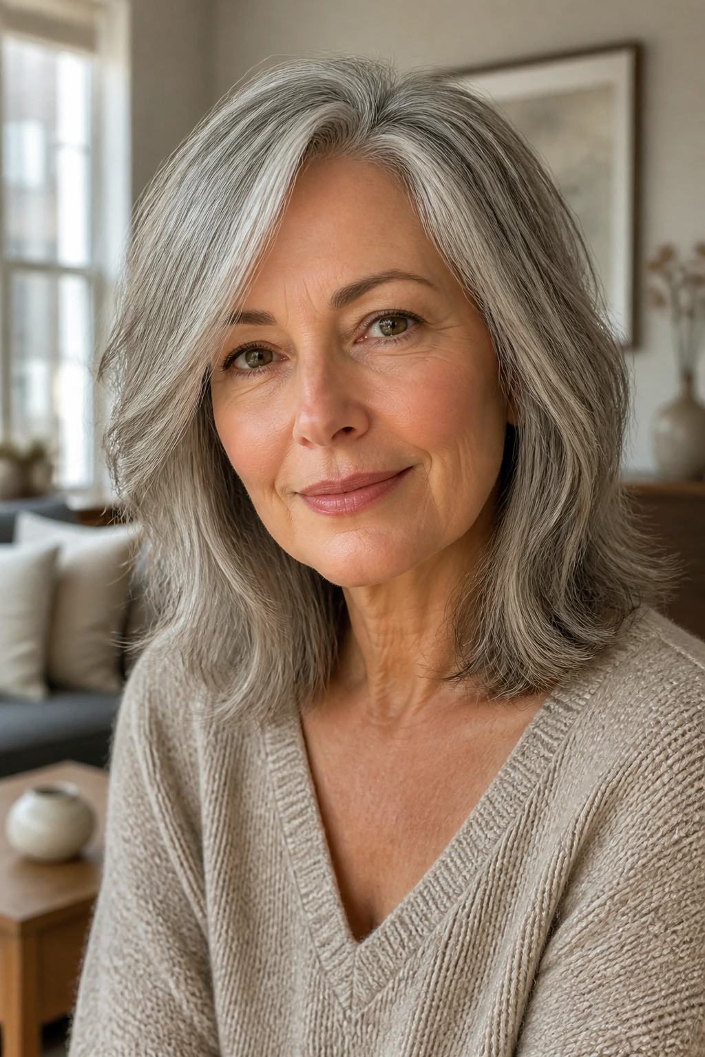 Real person with medium-length gray hair styled for daily wear