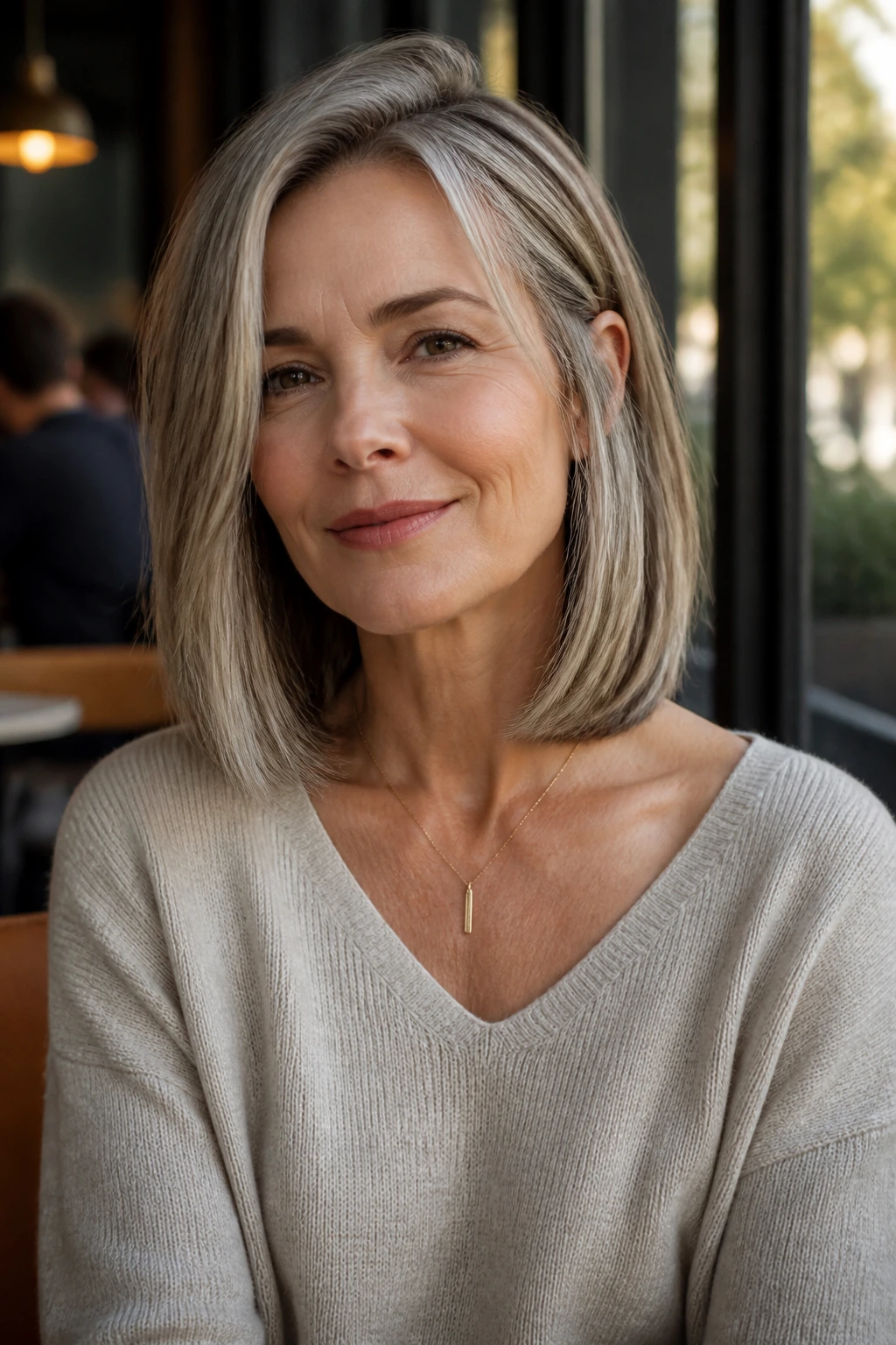 Portrait of a woman with a daily-wear long bob in a cafe window setting