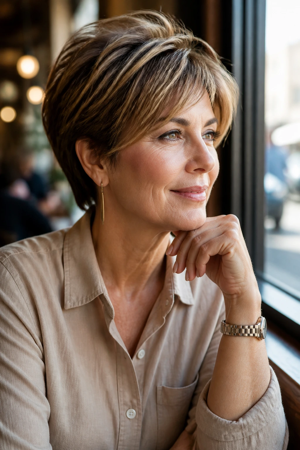 Portrait of a woman wearing a textured short haircut in a casual setting