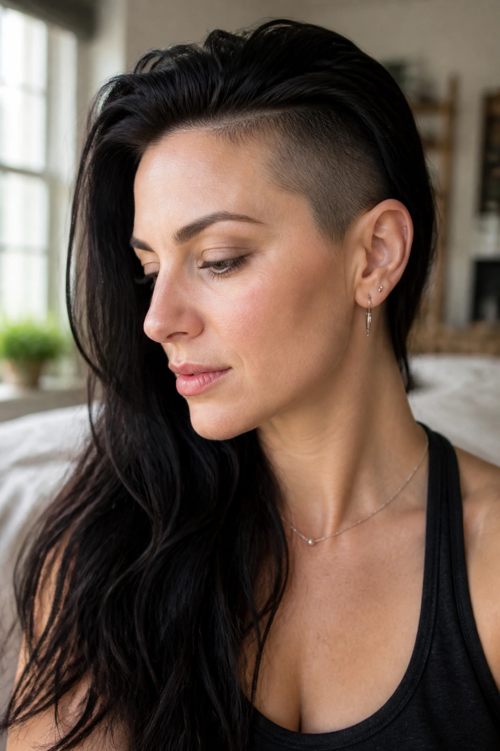 Real woman with long hair showing side undercut in natural light