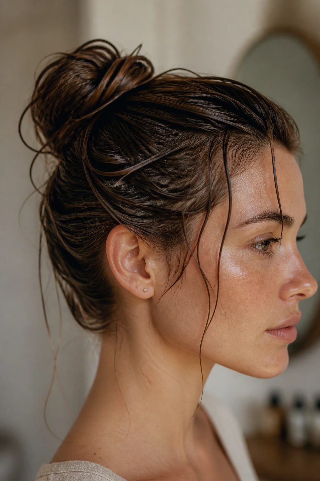 Close-up of real woman with damp sculpted bun under bathroom light