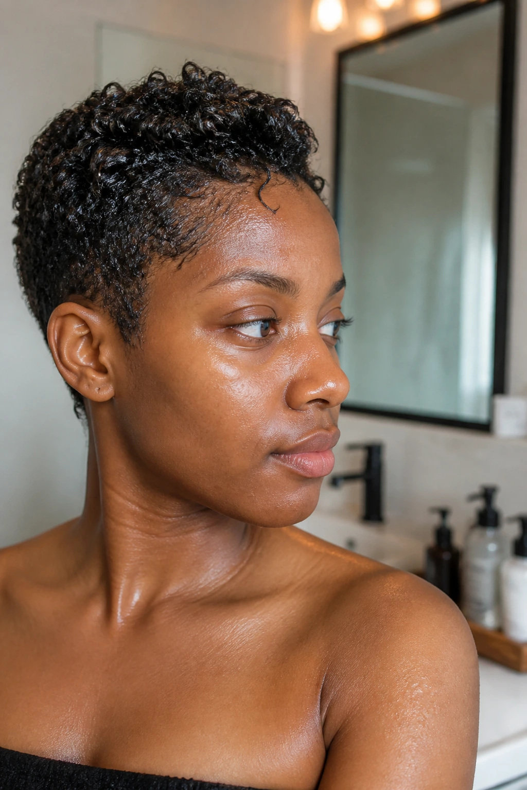 Portrait of a person with damp short natural hair ready for mohawk styling