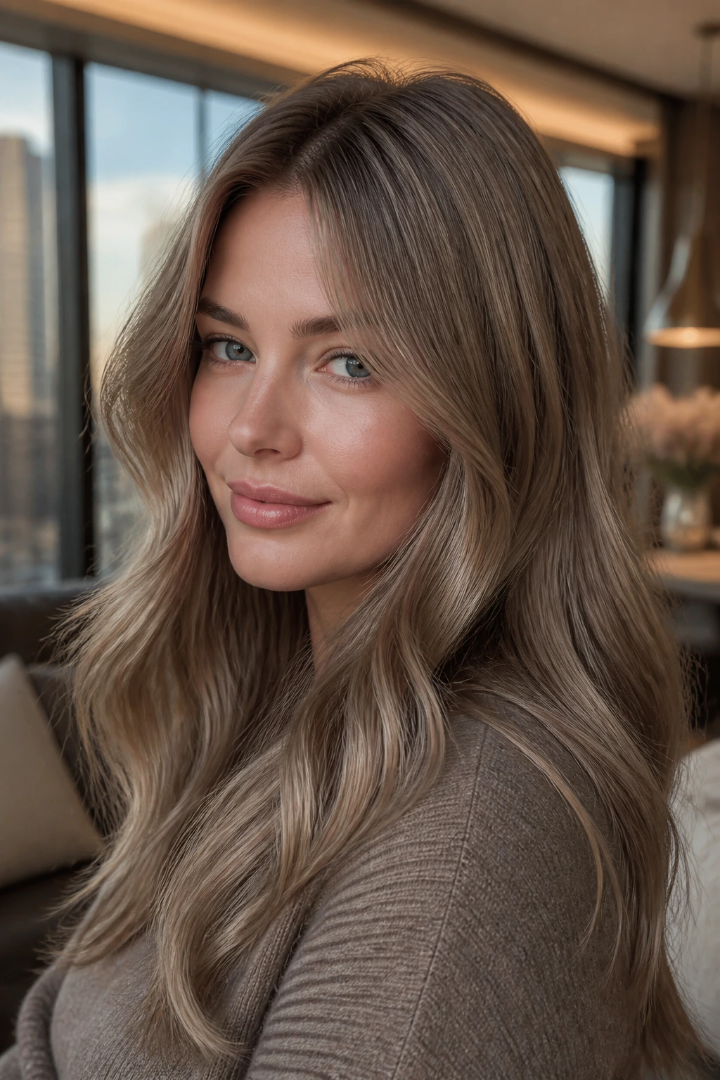 Portrait of a woman with dark ash blonde gloss hair