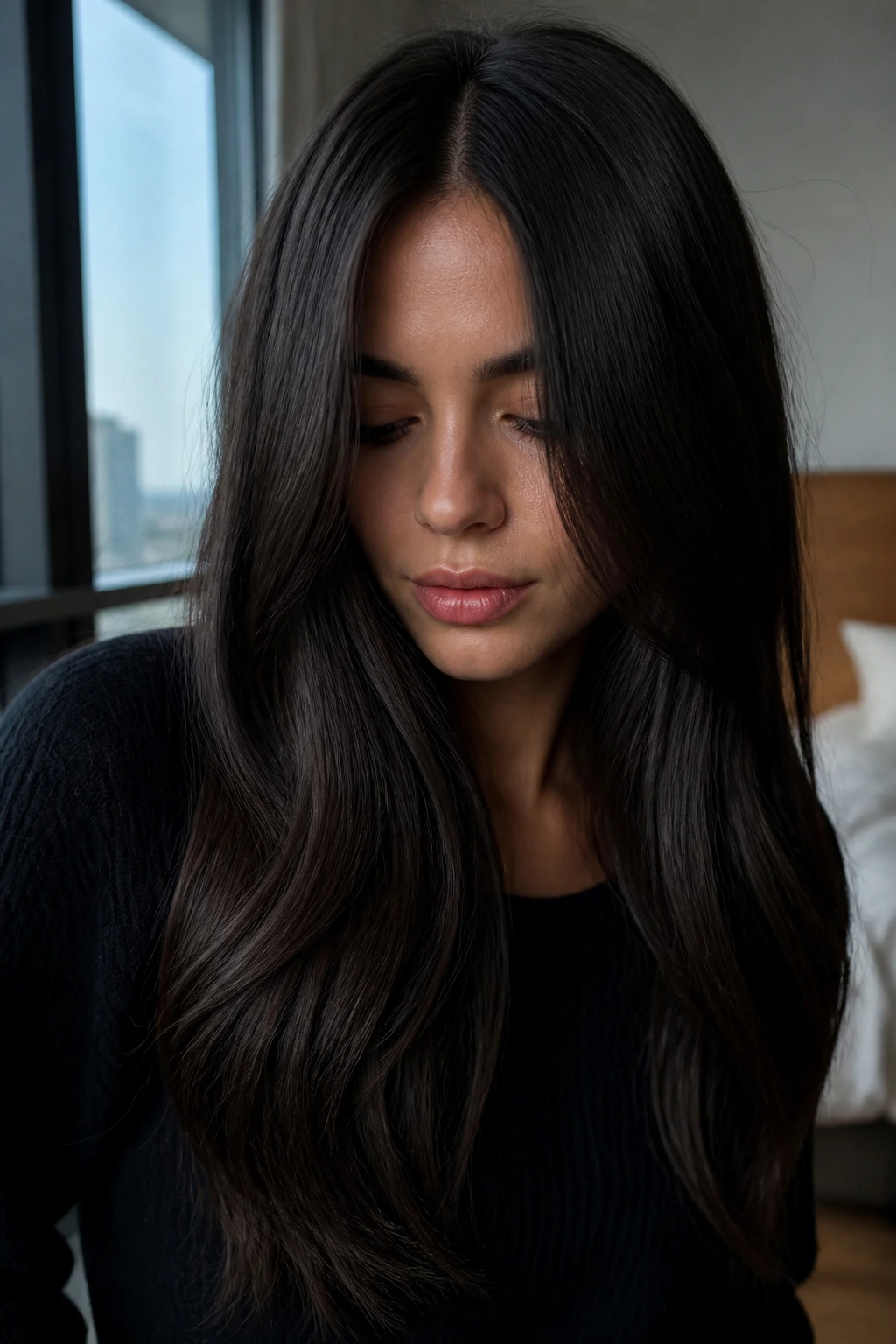 Real person with dark ash brunette shade showing cool tones and a glassy finish.