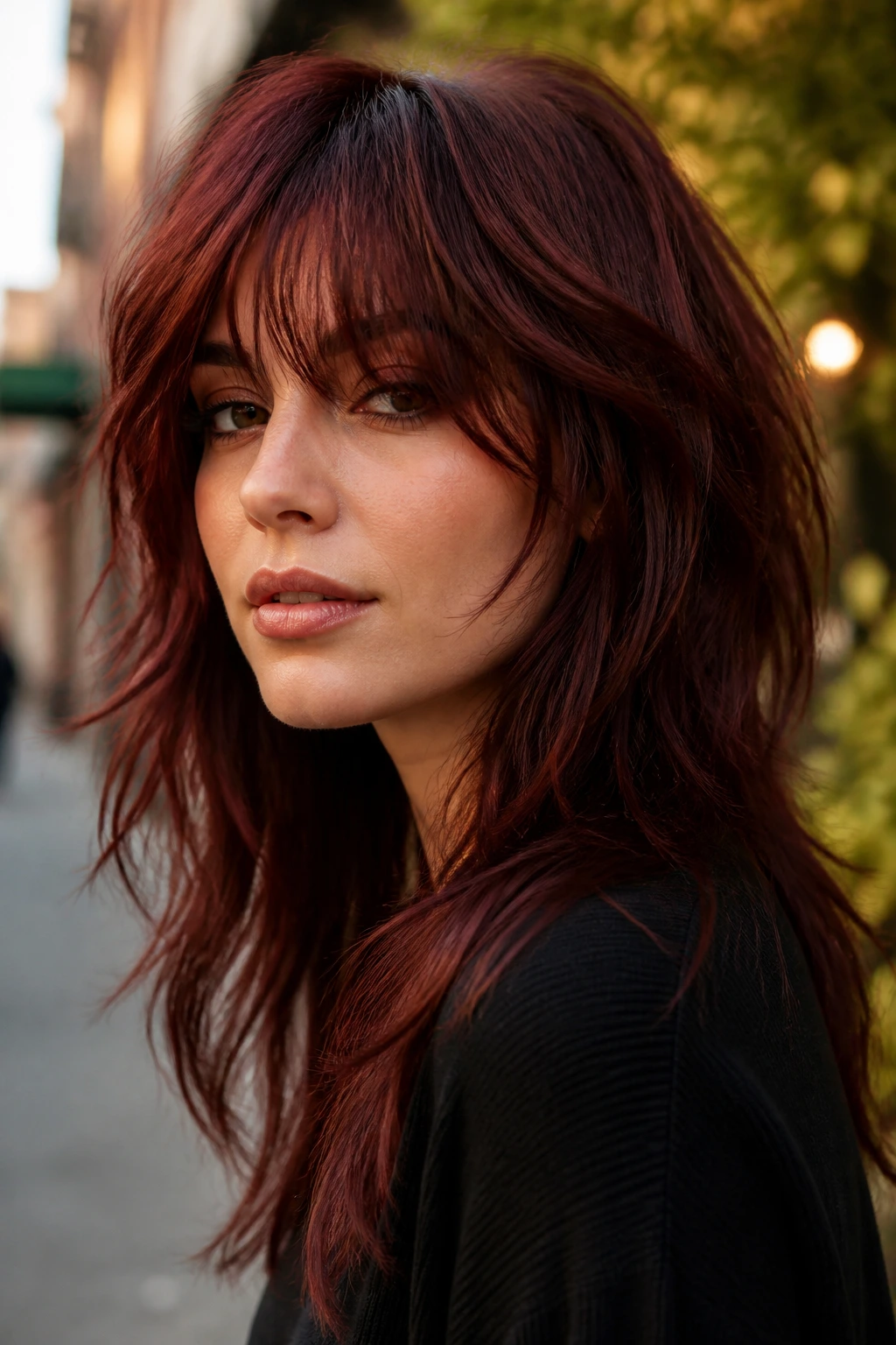 Real woman with Dark Auburn Shag hairstyle showing layered texture