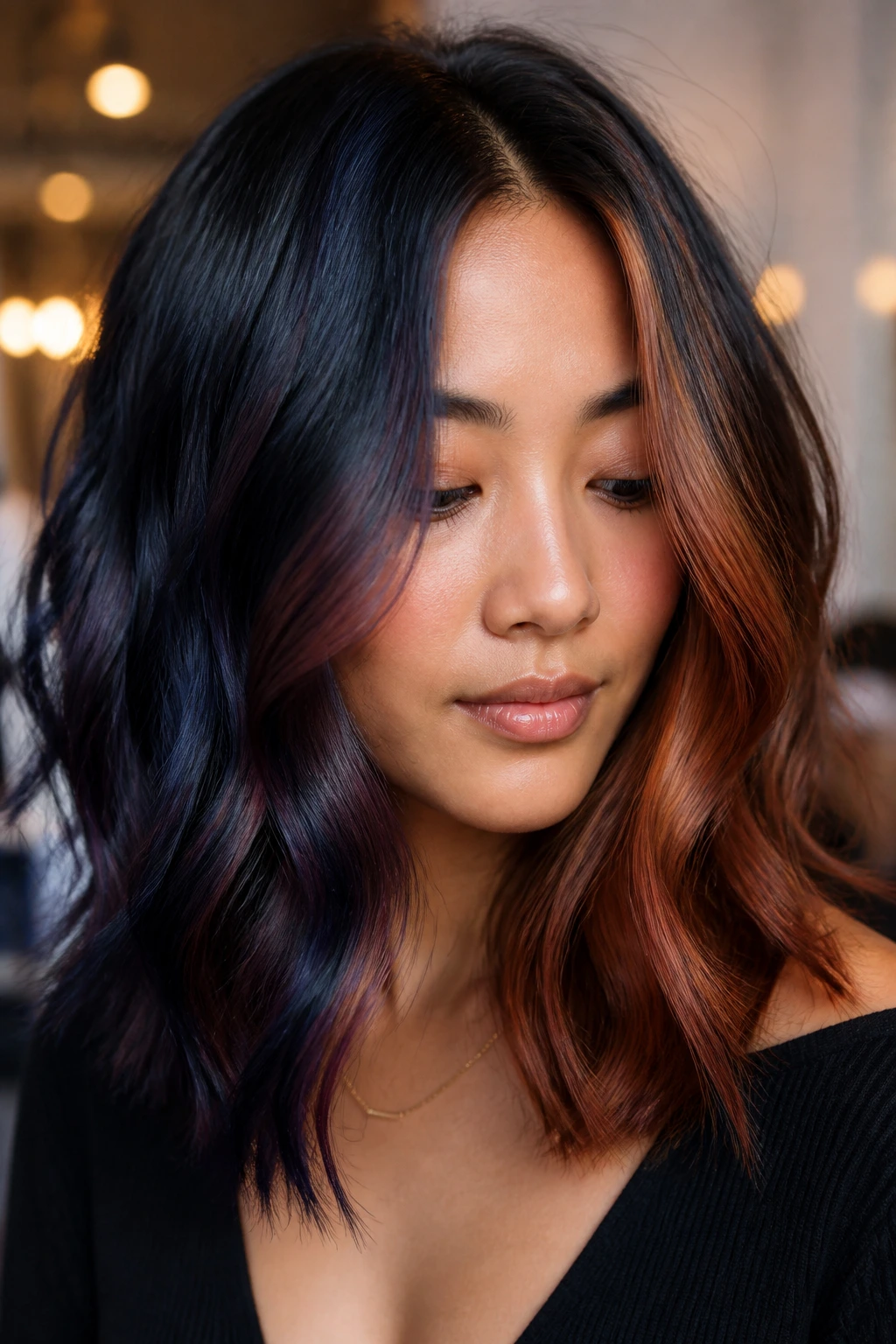 Portrait of a person with dark base hair showing cool and warm tones under different lighting