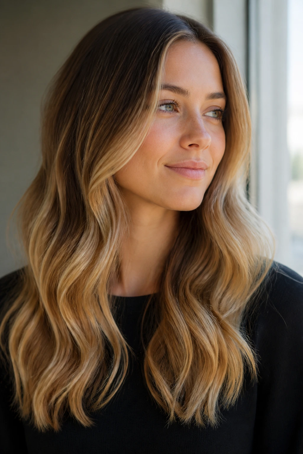Close-up of dark blonde to butterscotch ombre on long hair