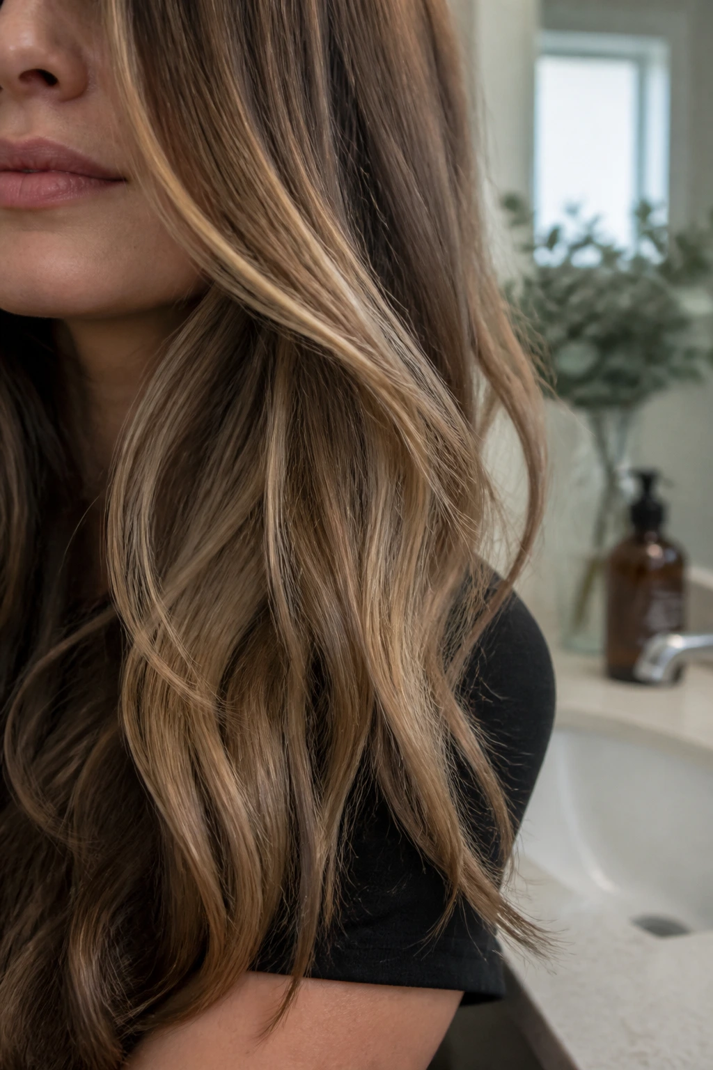 Close-up of dark blonde hair strands on a real person