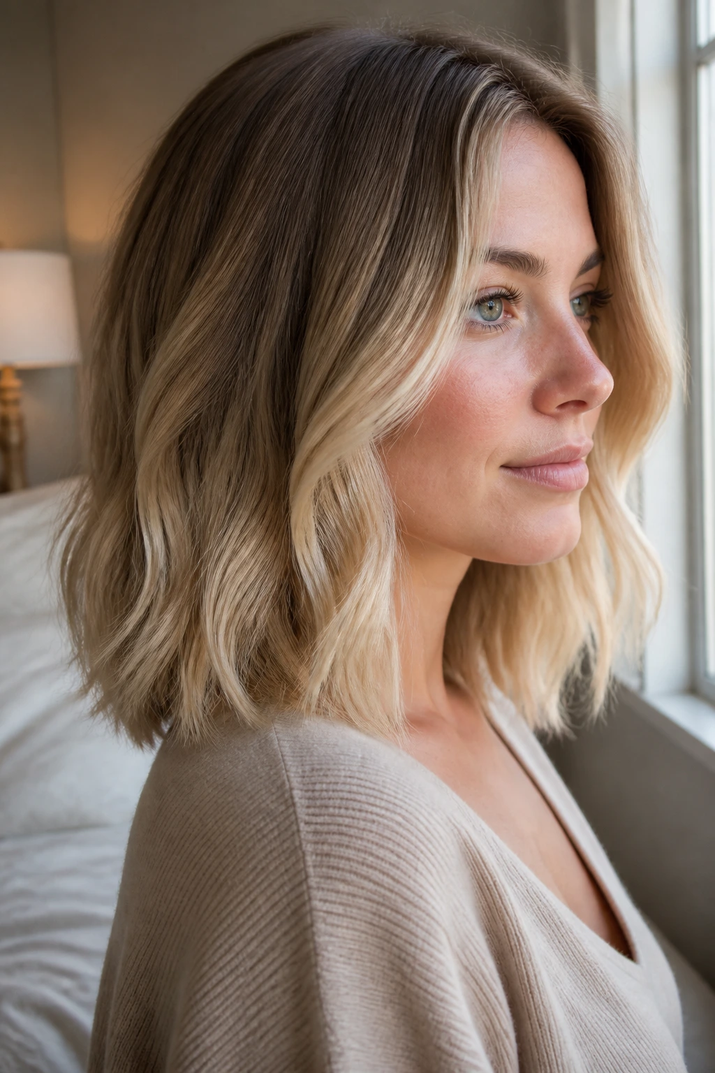 Real woman with dark blonde to vanilla cream ombre on shoulder-length hair.