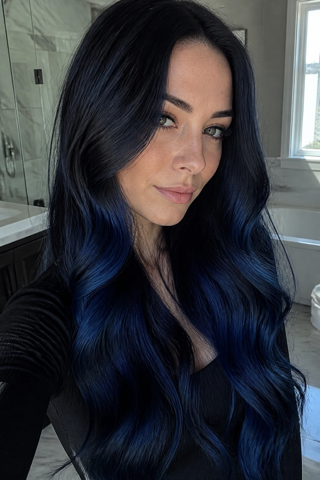 Close-up portrait of a real person with deep navy-blue ends and glossy hair in a bathroom setting.