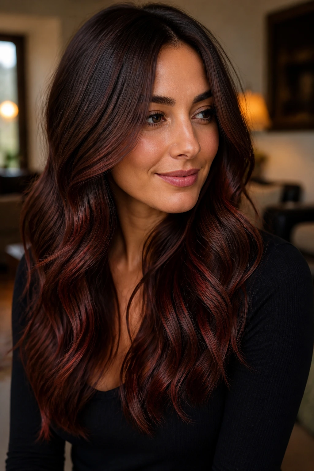 Close-up of a person with dark bronze hair with subtle cherry notes.