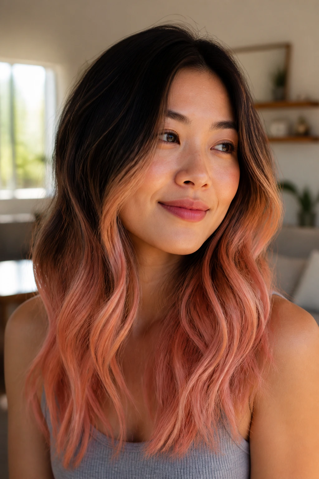Close-up of a real woman with dark brown hair fading to peach sorbet on the ends