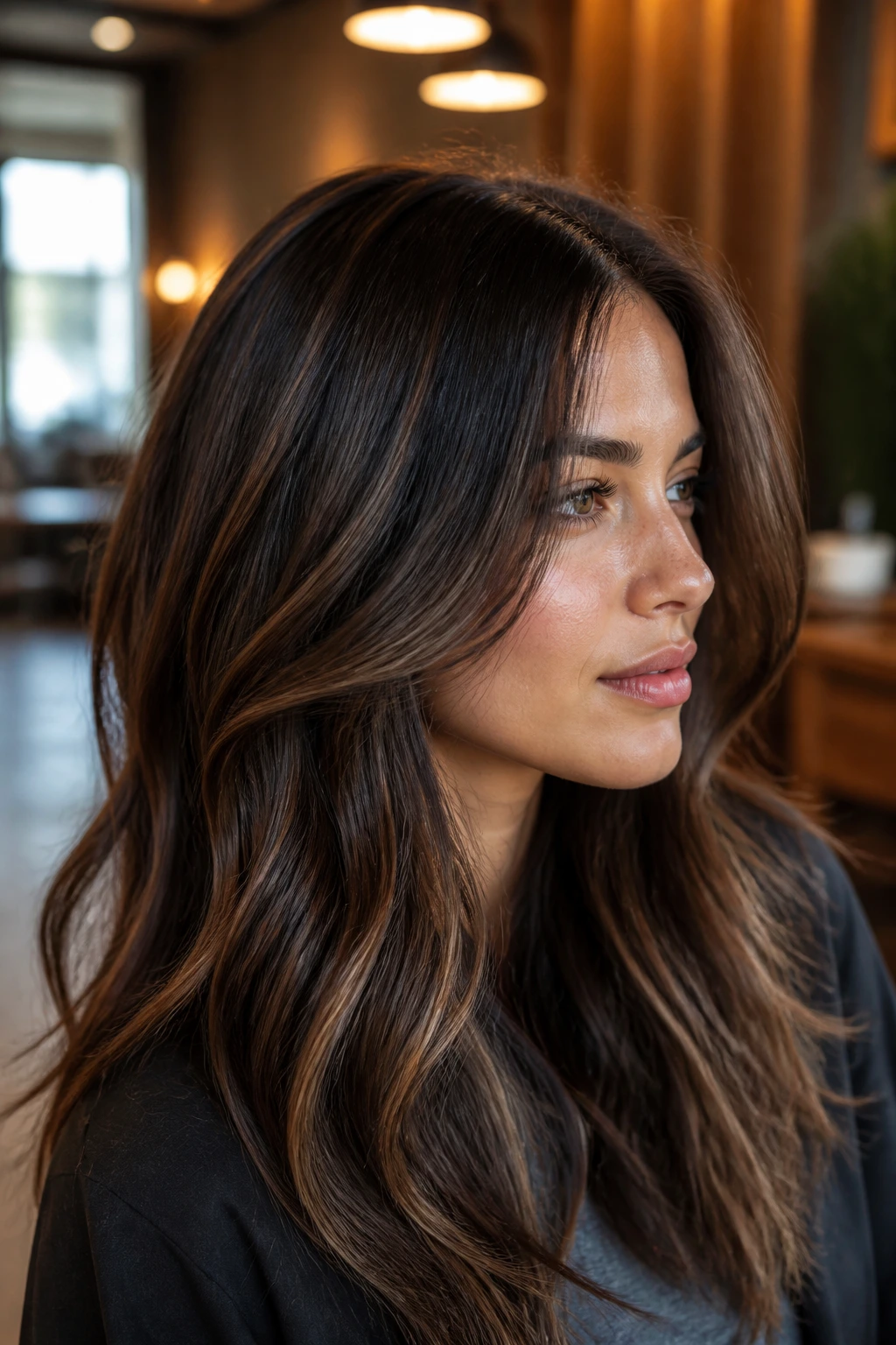 Close-up portrait of a real woman with dark brunette ribbon-light highlights around the face.