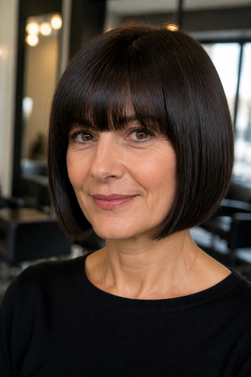 Close-up of a woman with a dark brunette blunt bob and brow-grazing fringe.