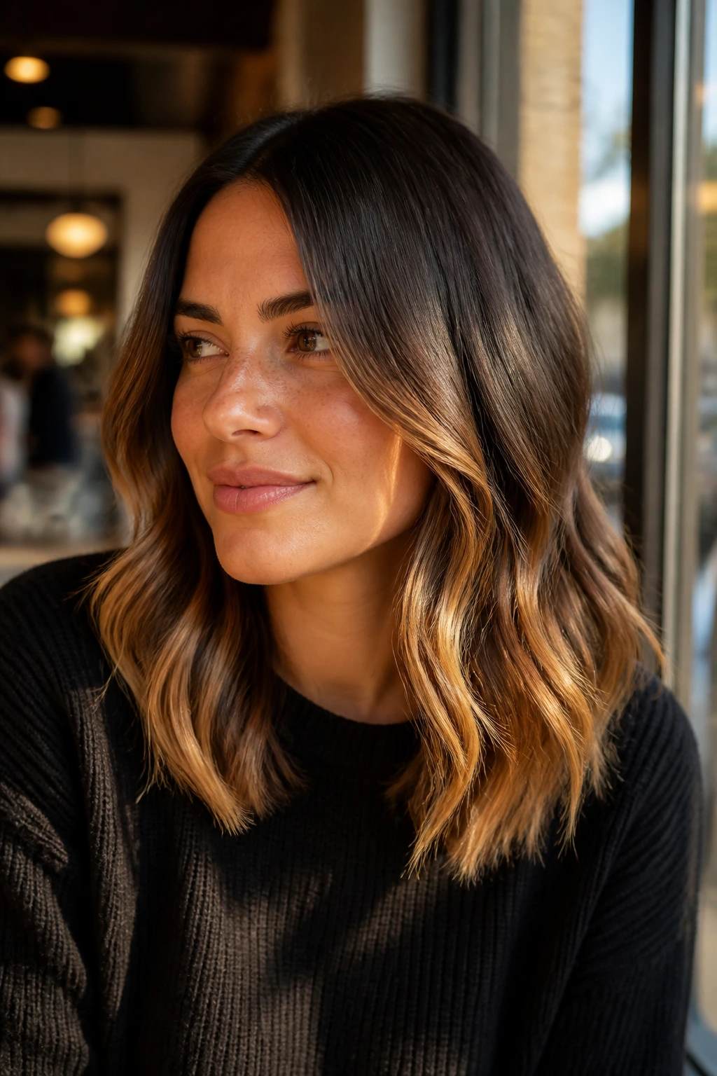 Dark brunette to honey ends ombre with soft waves by a cafe window at golden hour