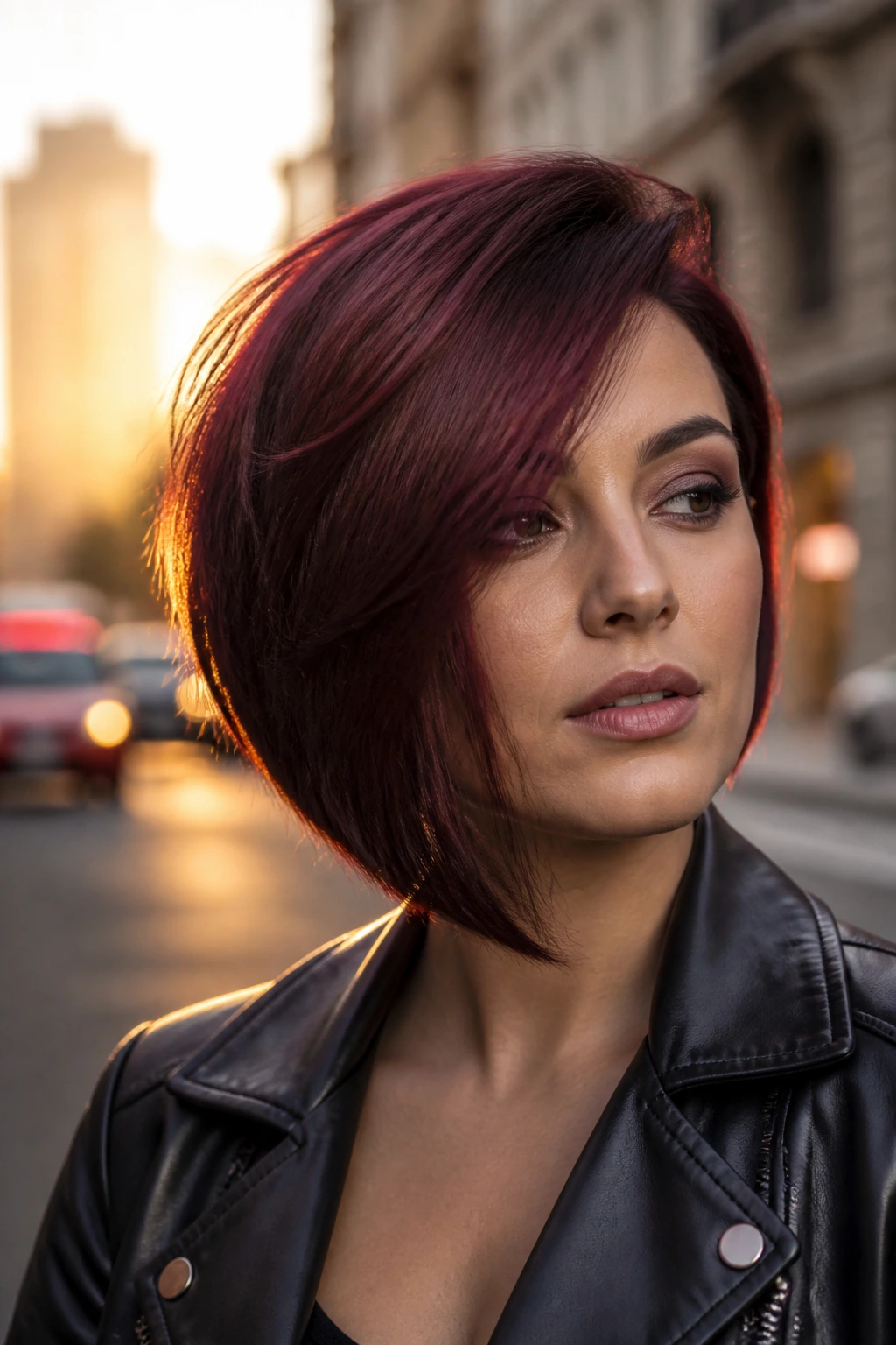 Close-up portrait of a real woman with dark cherry asymmetrical bob on an urban street at golden hour