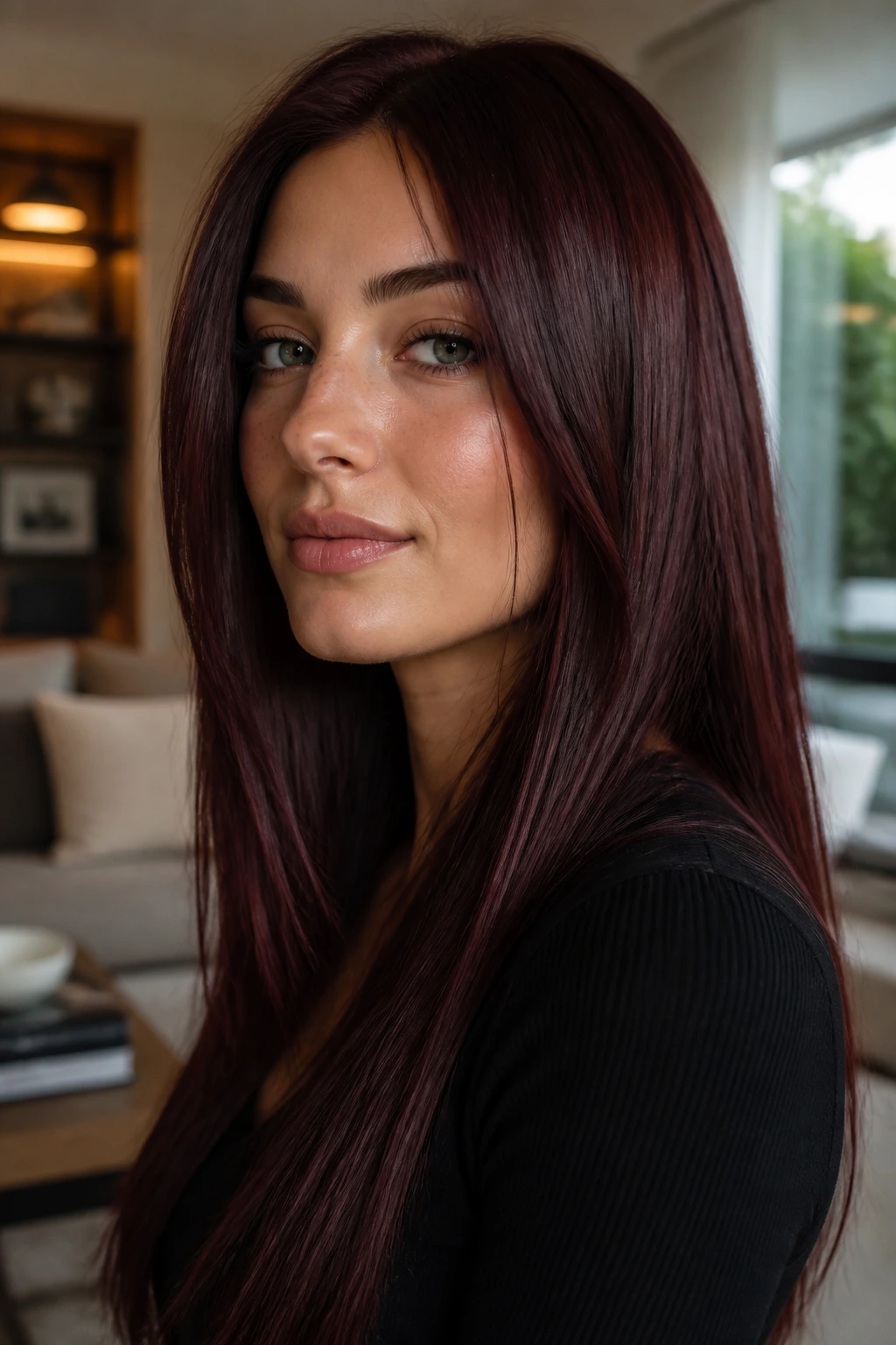 Close-up of real woman with dark cherry brunette straight hair under warm light