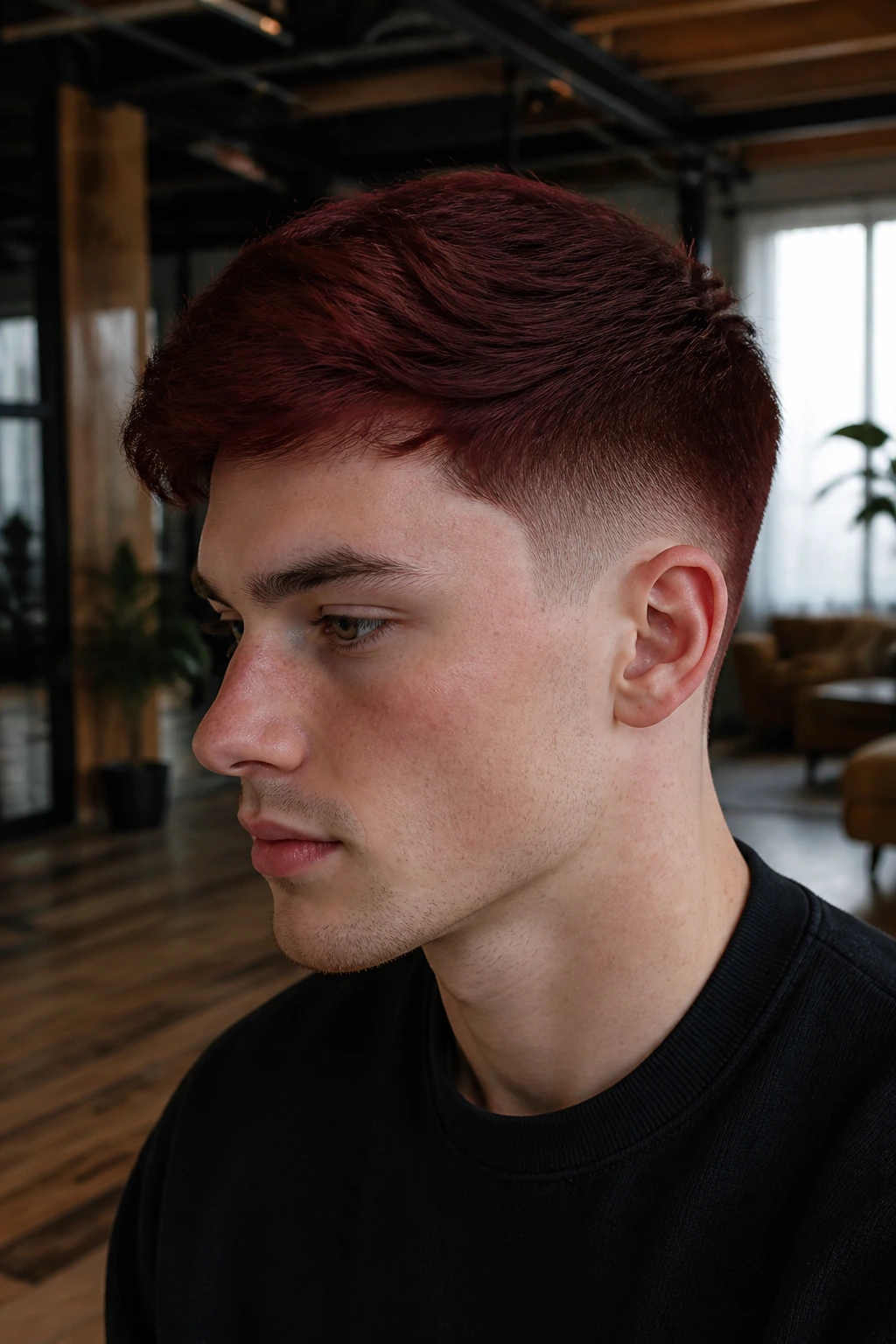 Close-up of man with dark cherry tapered hairstyle